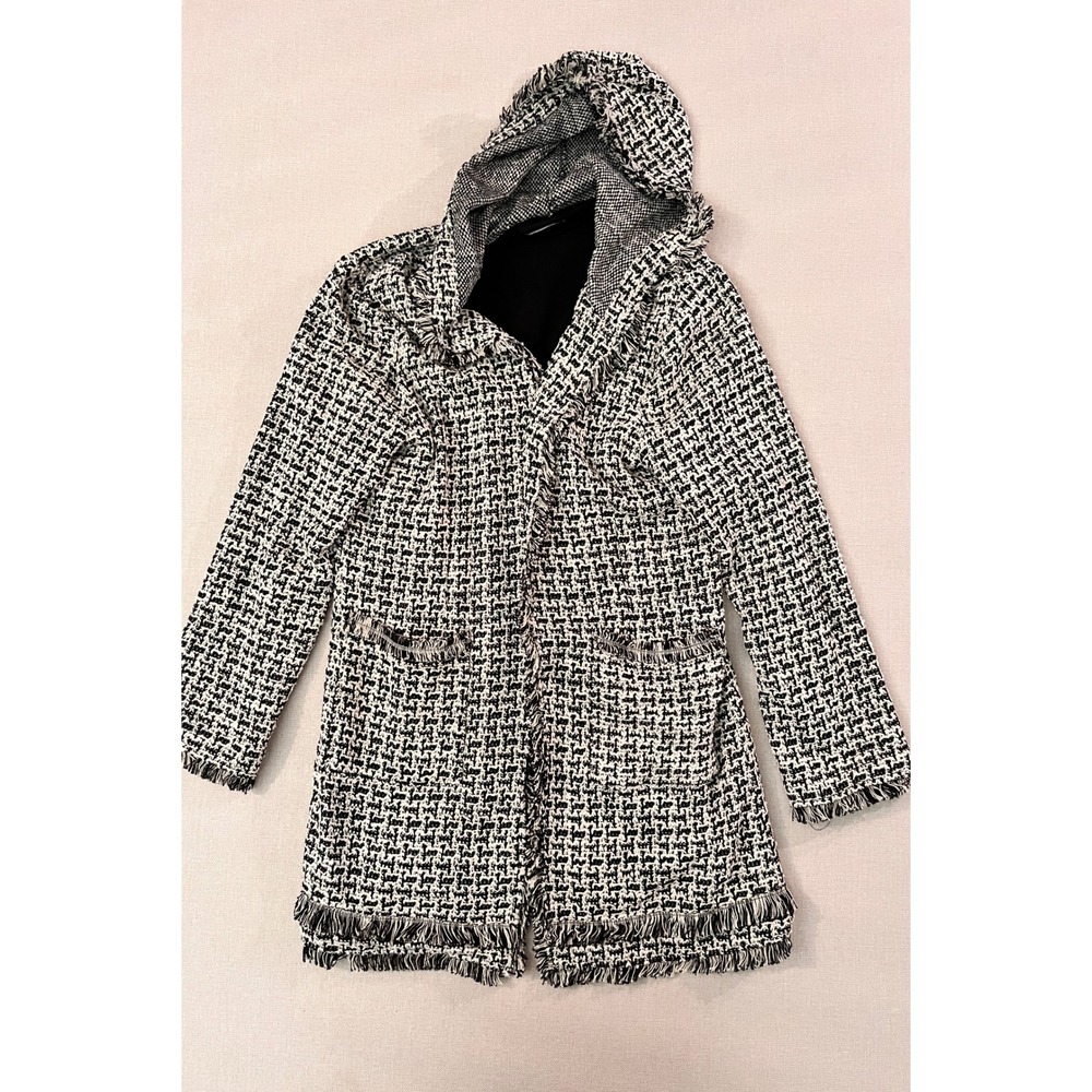 Black Ivory Tweed Hooded Fringe Coatigan Womens L Laundry Shelli Segal - Picture 3 of 15